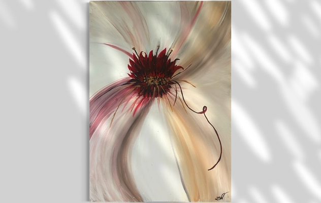 Abstraktes Kunstwerk mit einer blühenden Blume in sanften Farbtönen und dynamischen Linien.