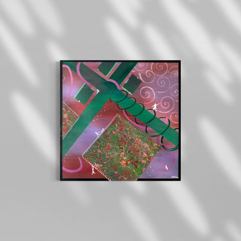 Abstrakte Komposition mit grünen und roten Elementen auf einem rosa Hintergrund.