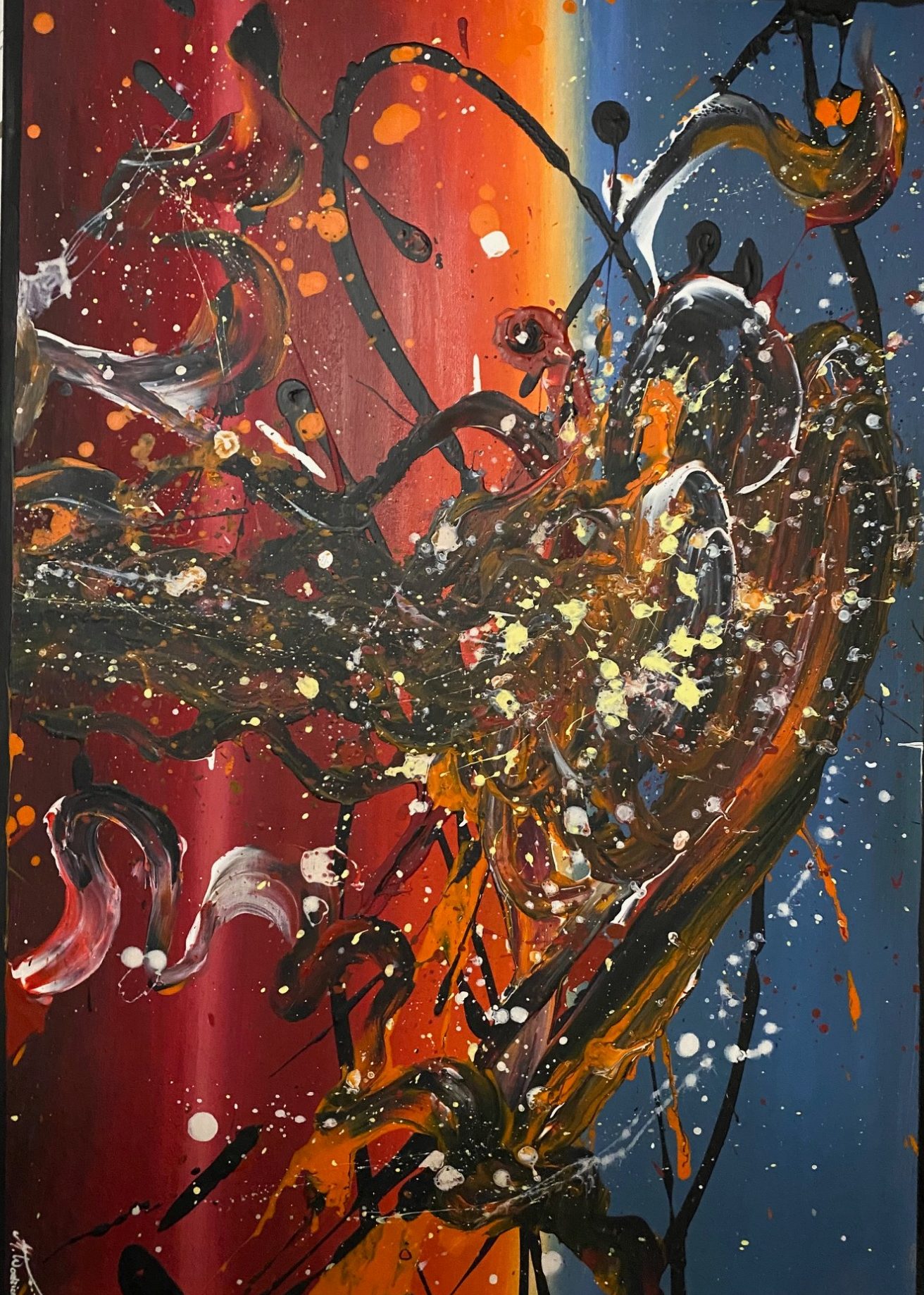 Abstrakte Farbkomposition in Rot, Blau und Gold mit dynamischen Linien und Formen.