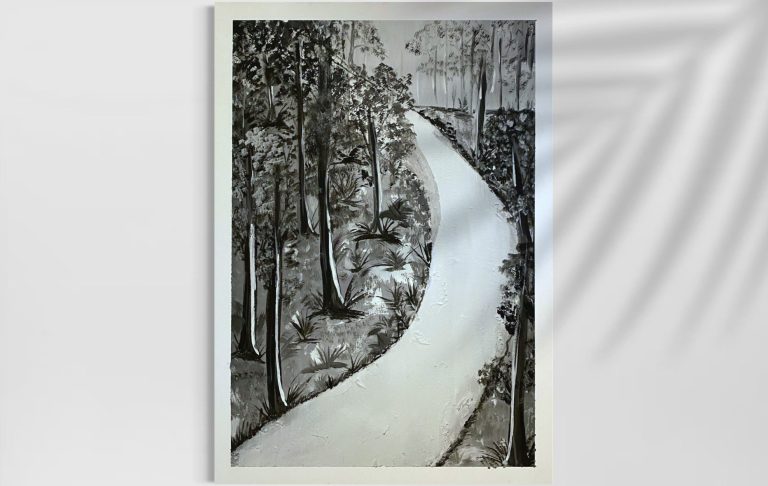 Kurvenreicher Weg zwischen Bäumen in einem monochromen, skizzenhaften Stil.
