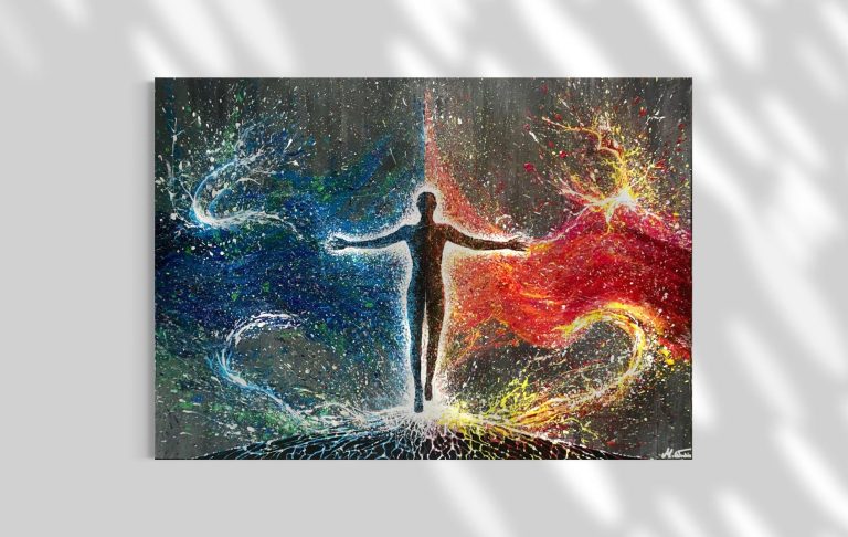 Eine stilisierte Figur teilt lebendige Farben in Blau und Rot, umgeben von glitzernden Effekten.
