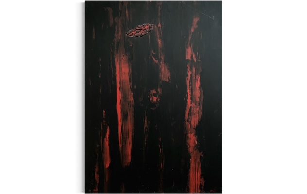 Abstraktes Kunstwerk mit roten und schwarzen Farbtönen, die eine gleichmäßige Textur bilden.