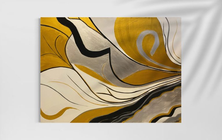 Abstrakte Wellen in Gelb-, Beige- und Grautönen mit geschwungenen Linien. 