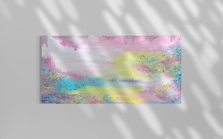 Farbige abstrakte Landschaft mit sanften Pastelltönen und einer leuchtenden Himmelsszene.