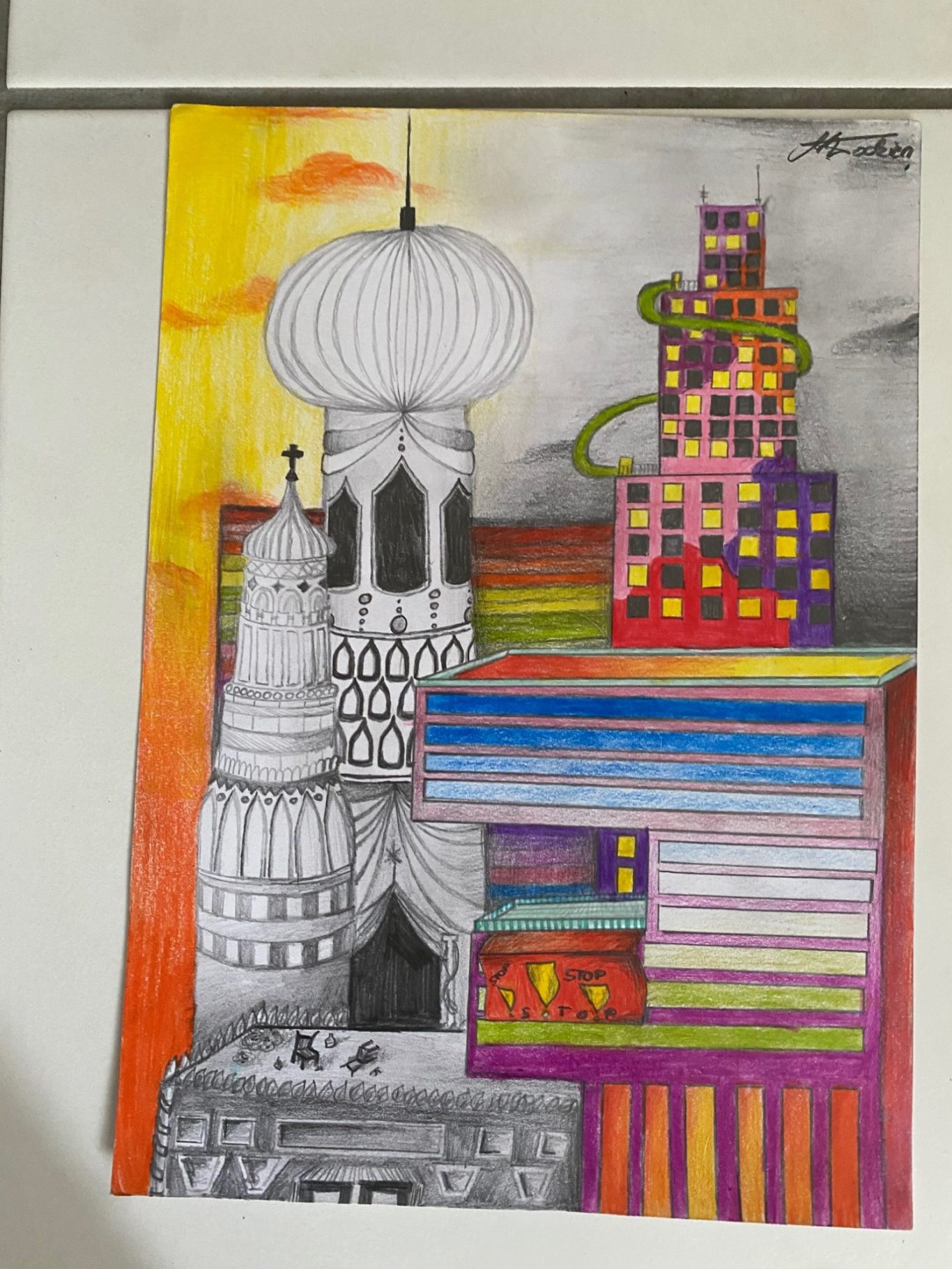 Bunte Grafik mit architektonischen Elementen und abstrakten Formen, Mischung aus Schwarz-Weiß und Farbe.