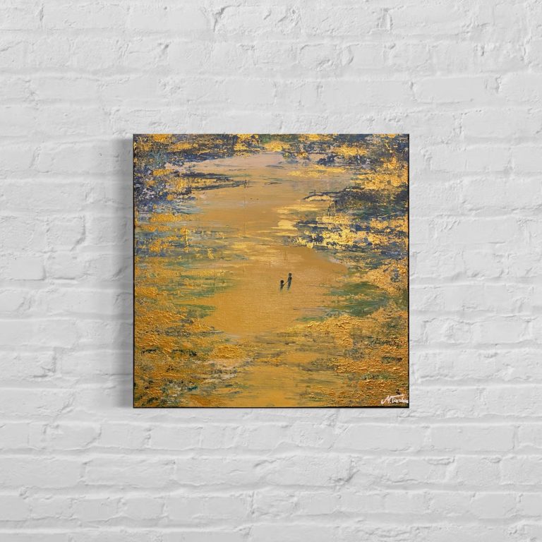 Abstrakte Landschaft in warmen Gelb- und Grüntönen mit einem fließenden Muster.