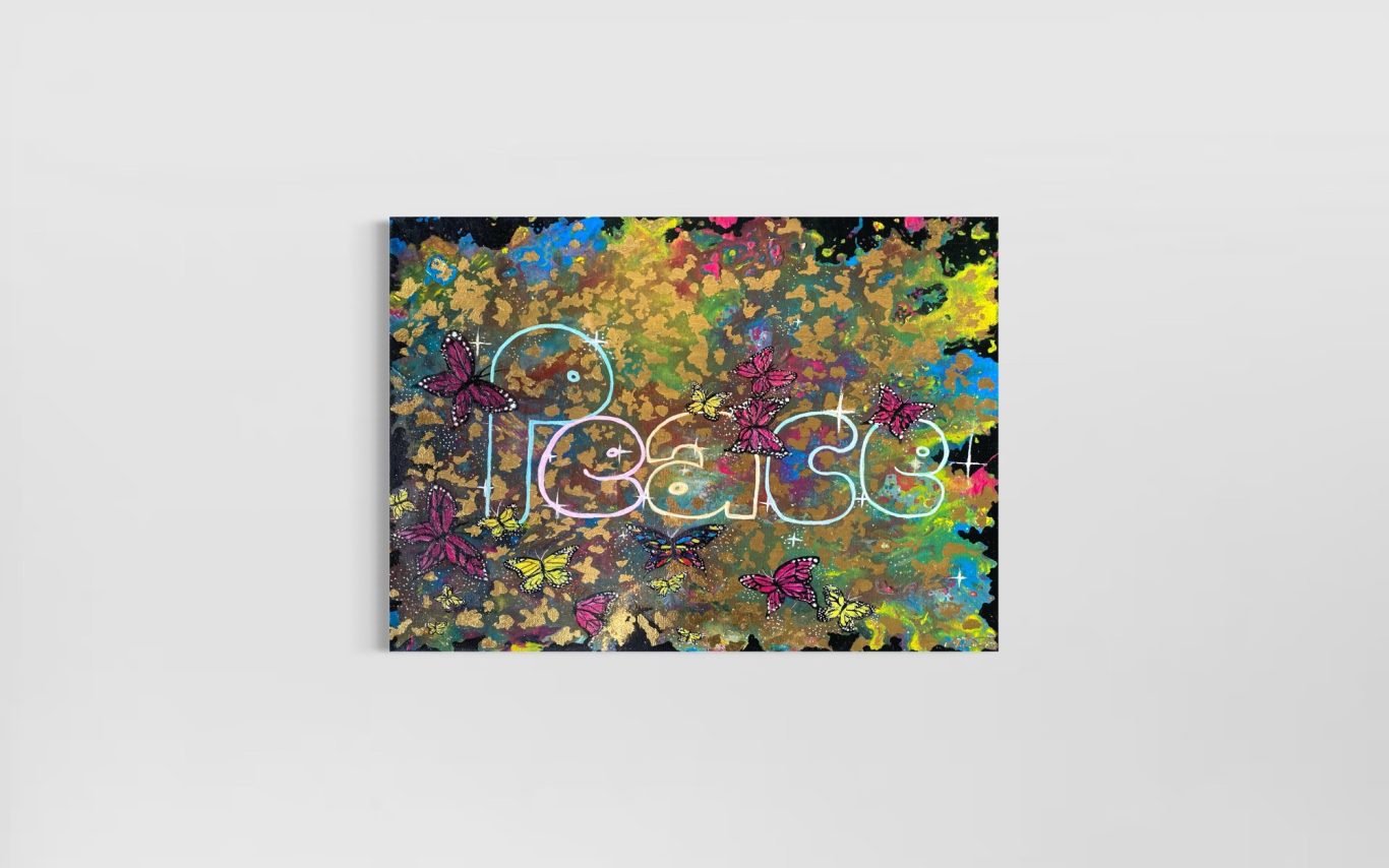 Bunte abstrakte Kunst mit dem Wort "Peace" in geschwungener Schrift.
