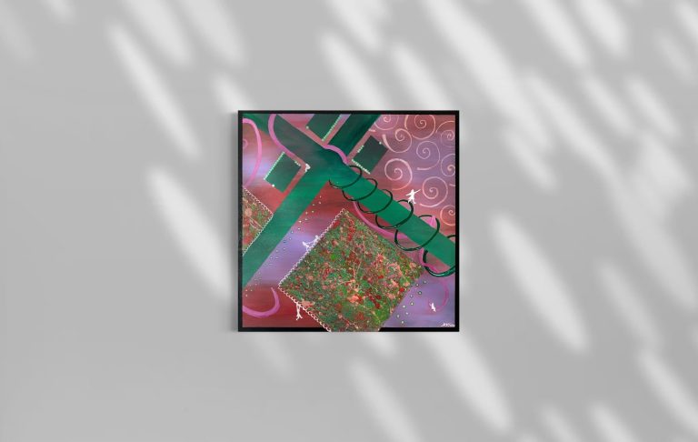 Buntes abstraktes Kunstwerk mit grünen und roten Elementen auf rosa Hintergrund.