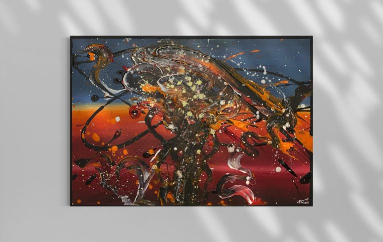 Abstraktes Kunstwerk mit lebhaften Farben und dynamischen Formen in rot, blau und gold.